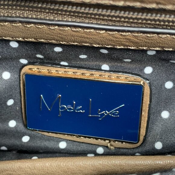 MODA LUXE Faux Leather Satchel with Tassel Brown/Gold Polka Dot Lining - Picture 11 of 12